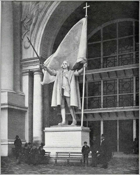 "Columbus Taking Possession." The Administration Building From Columbian Gallery: A Portfolio of Photographs of the World's Fair, The Werner Company. The prominent and handsome figure of Columbus, which stood in the portal, was the work of Miss Mary T. Lawrence, and represented the landing of Columbus, and the planting of the Spanish flag in the colonies of the New World. 1893. Source: http://www.flickr.com/photos/field_museum_library/3409425513/in/photostream/