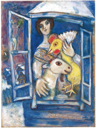 Marc Chagall, Bella with Rooster in the Window, Private Collection. In the story, Lisette imagines that the woman in the window might be her, along with her own little pet goat named St. Genevieve.