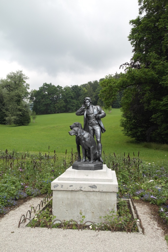 A charming  huntsman statue, “The Listener” stands in the lawn in front of the grounds and gardens across from the villa. Emperor Frank Josef was a big hunter. The inside of the villa (no photos allowed) contains many hunting trophies, including antlers and deer heads.