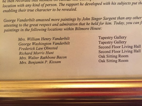 The framed information in the John Singer Sargent Suite at the Inn on Biltmore Estate